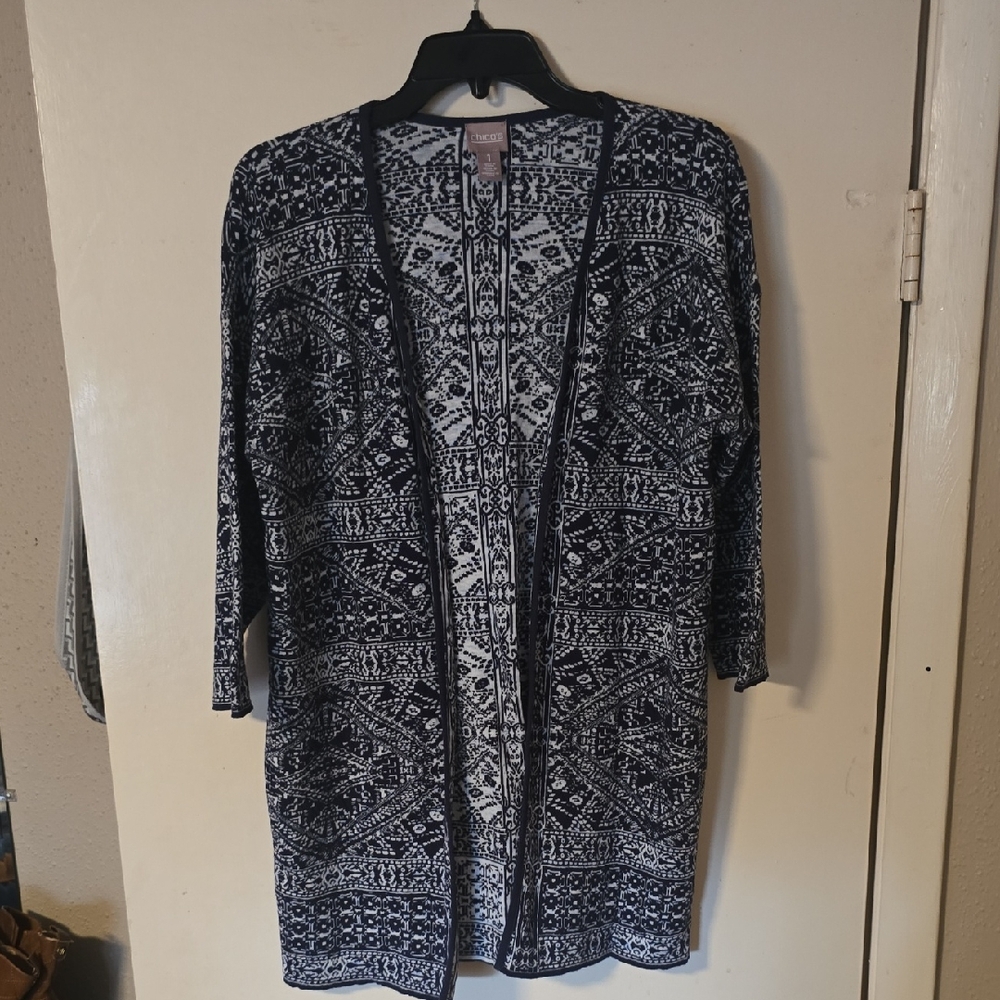 Chico's Black and Gray Patterned Knit Top